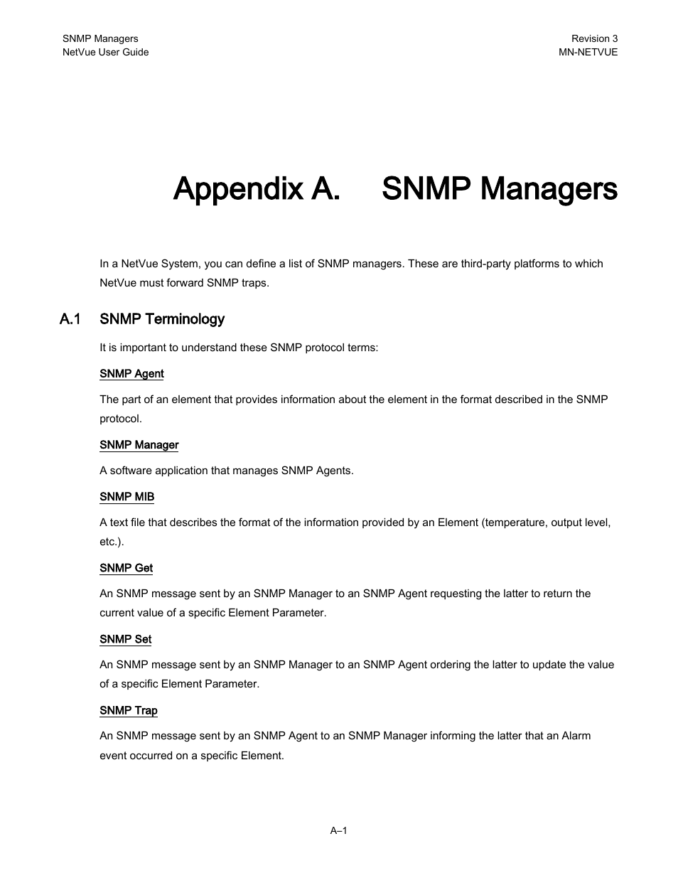 Appendix a. snmp managers, A.1 snmp terminology | Comtech EF Data NetVue Release 1.1 User Guide User Manual | Page 238 / 265