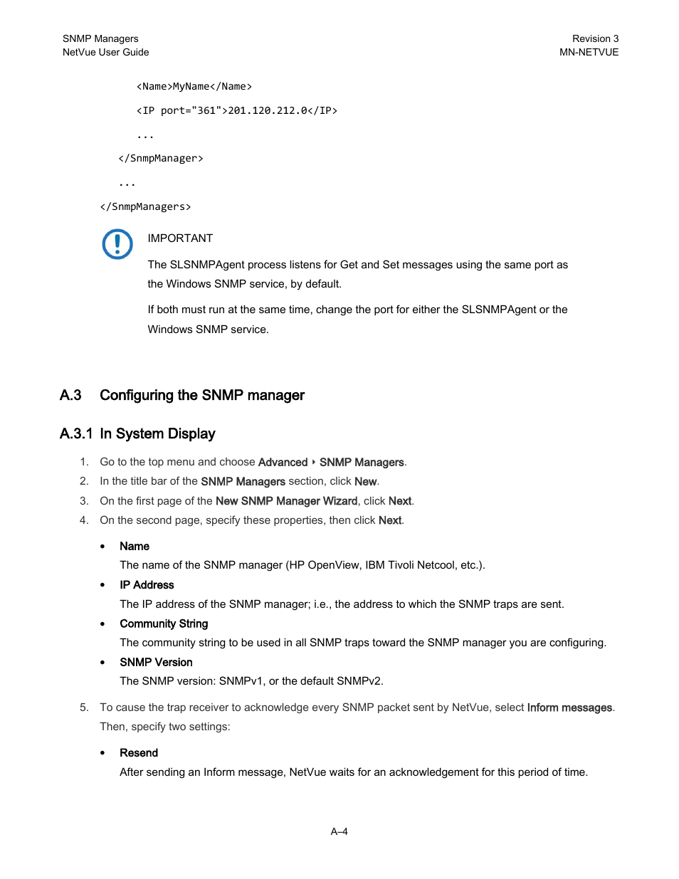 A.3 configuring the snmp manager, A.3.1 in system display | Comtech EF Data NetVue Release 1.1 User Guide User Manual | Page 241 / 265