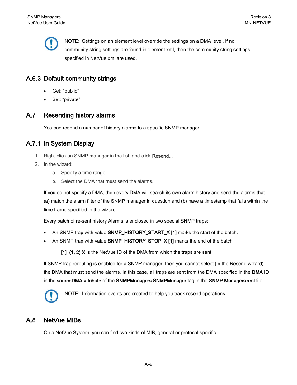 A.6.3 default community strings, A.7 resending history alarms, A.7.1 in system display | A.8 netvue mibs | Comtech EF Data NetVue Release 1.1 User Guide User Manual | Page 246 / 265