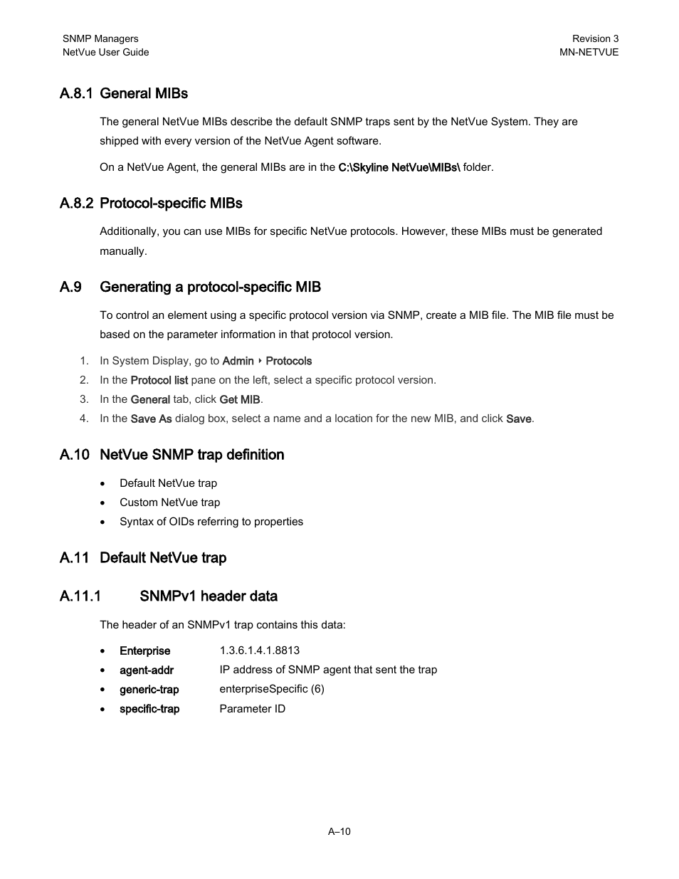 A.8.1 general mibs, A.8.2 protocol-specific mibs, A.9 generating a protocol-specific mib | A.10 netvue snmp trap definition, A.11 default netvue trap, A.11.1 snmpv1 header data | Comtech EF Data NetVue Release 1.1 User Guide User Manual | Page 247 / 265