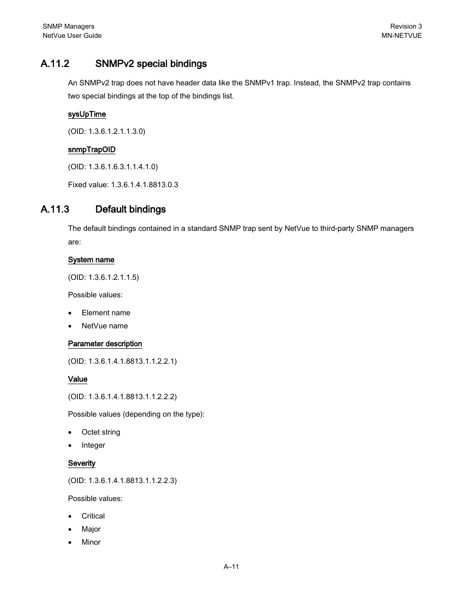 A.11.2 snmpv2 special bindings, A.11.3 default bindings | Comtech EF Data NetVue Release 1.1 User Guide User Manual | Page 248 / 265