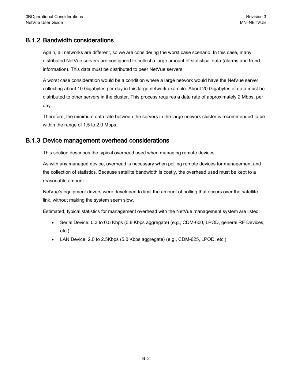 B.1.2 bandwidth considerations, B.1.3 device management overhead considerations | Comtech EF Data NetVue Release 1.1 User Guide User Manual | Page 258 / 265