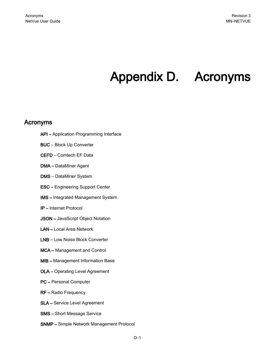 Appendix d. acronyms, Acronyms | Comtech EF Data NetVue Release 1.1 User Guide User Manual | Page 262 / 265