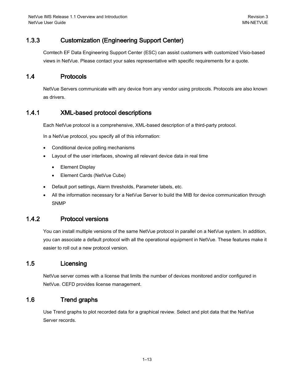 3 customization (engineering support center), 4 protocols, 1 xml-based protocol descriptions | 2 protocol versions, 5 licensing, 6 trend graphs | Comtech EF Data NetVue Release 1.1 User Guide User Manual | Page 29 / 265