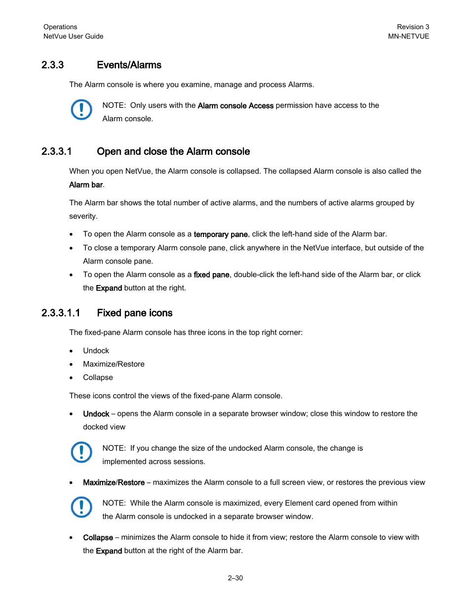 3 events/alarms, 1 open and close the alarm console, 1 fixed pane icons | Comtech EF Data NetVue Release 1.1 User Guide User Manual | Page 63 / 265