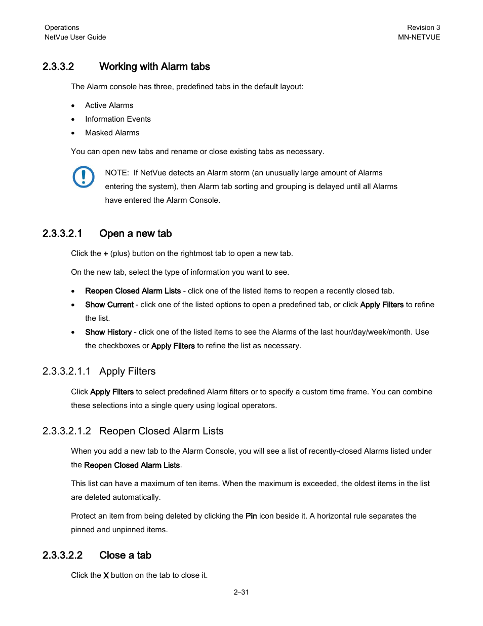 2 working with alarm tabs, 1 open a new tab, 1 apply filters | 2 reopen closed alarm lists, 2 close a tab | Comtech EF Data NetVue Release 1.1 User Guide User Manual | Page 64 / 265