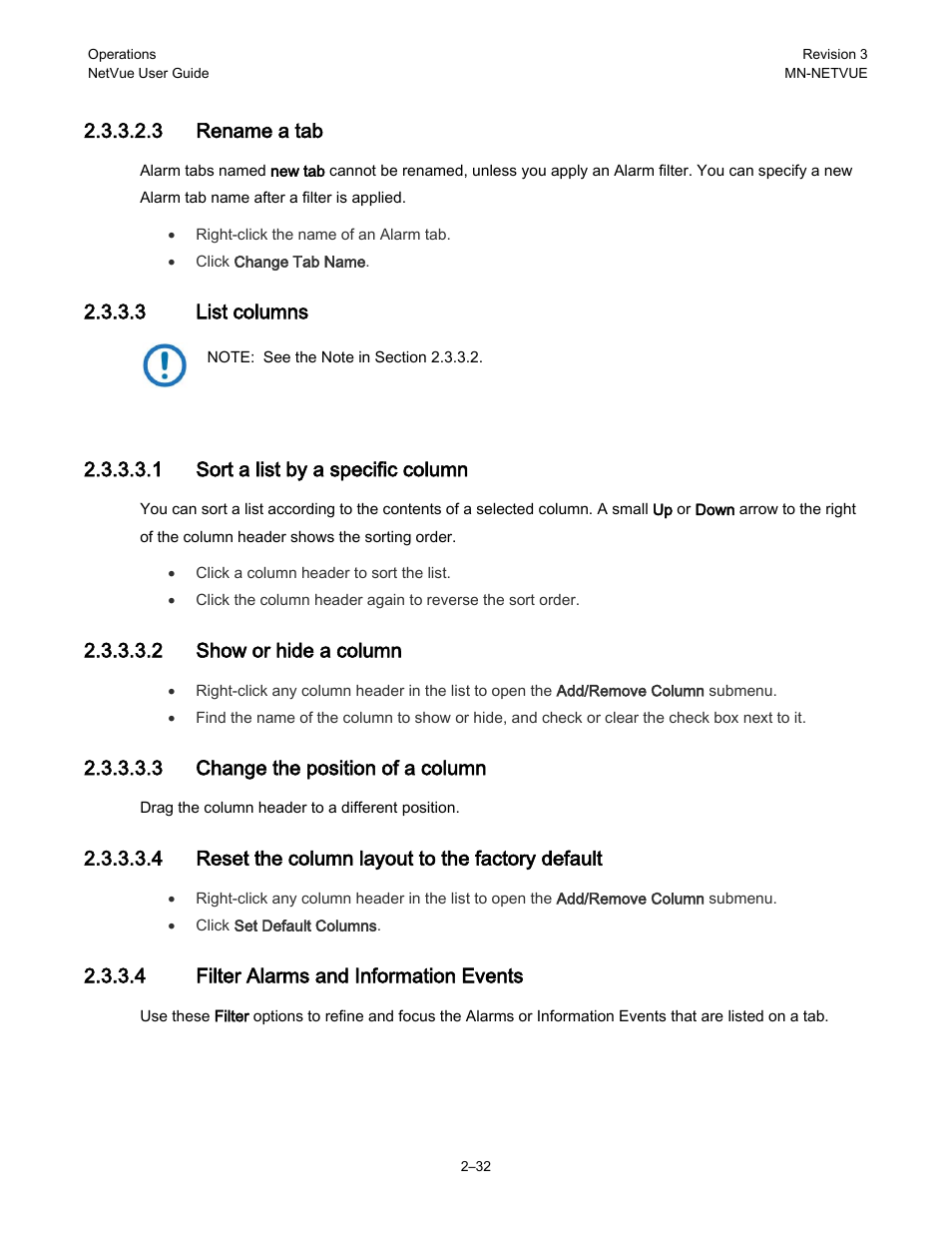 3 rename a tab, 3 list columns, 1 sort a list by a specific column | 2 show or hide a column, 3 change the position of a column, 4 reset the column layout to the factory default, 4 filter alarms and information events | Comtech EF Data NetVue Release 1.1 User Guide User Manual | Page 65 / 265