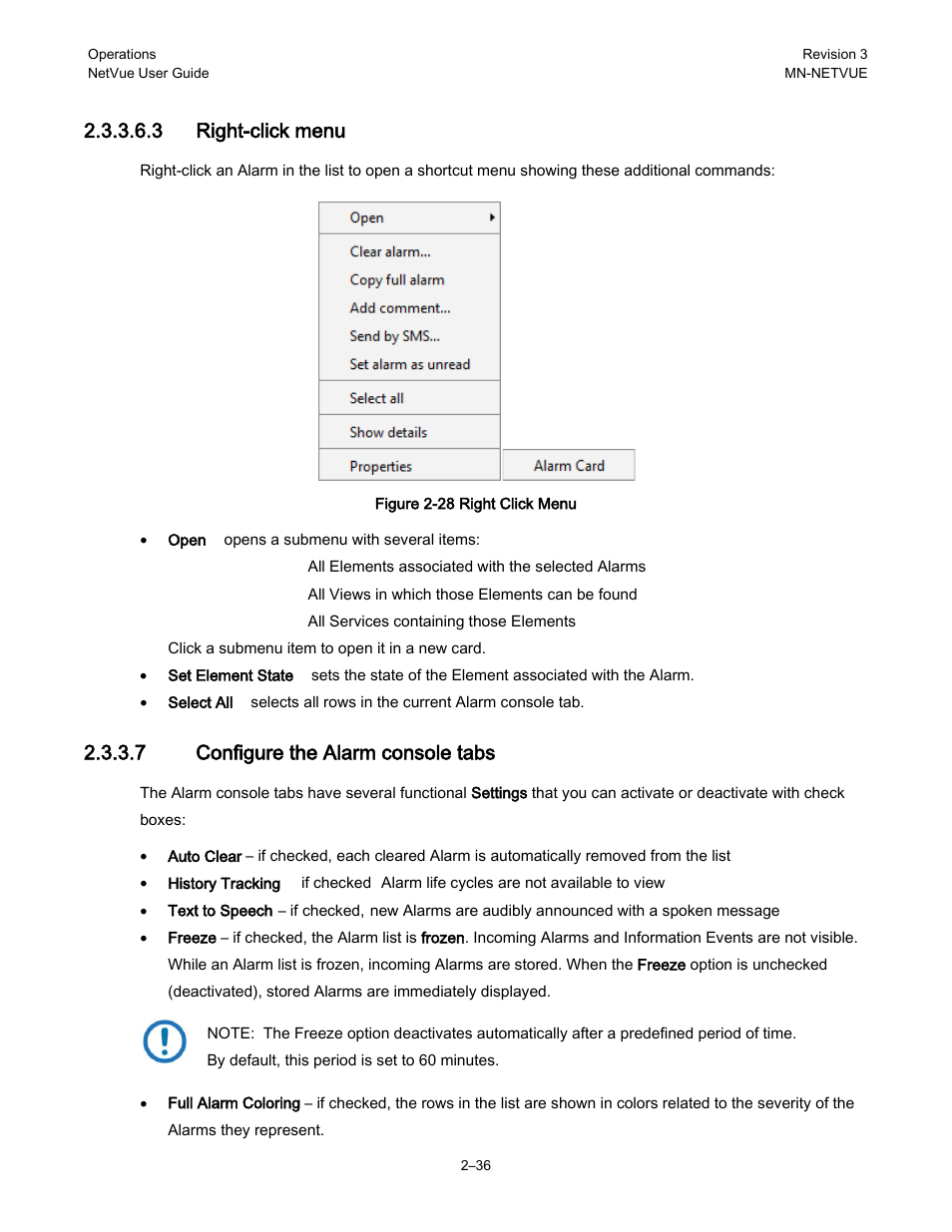 3 right-click menu, 7 configure the alarm console tabs | Comtech EF Data NetVue Release 1.1 User Guide User Manual | Page 69 / 265