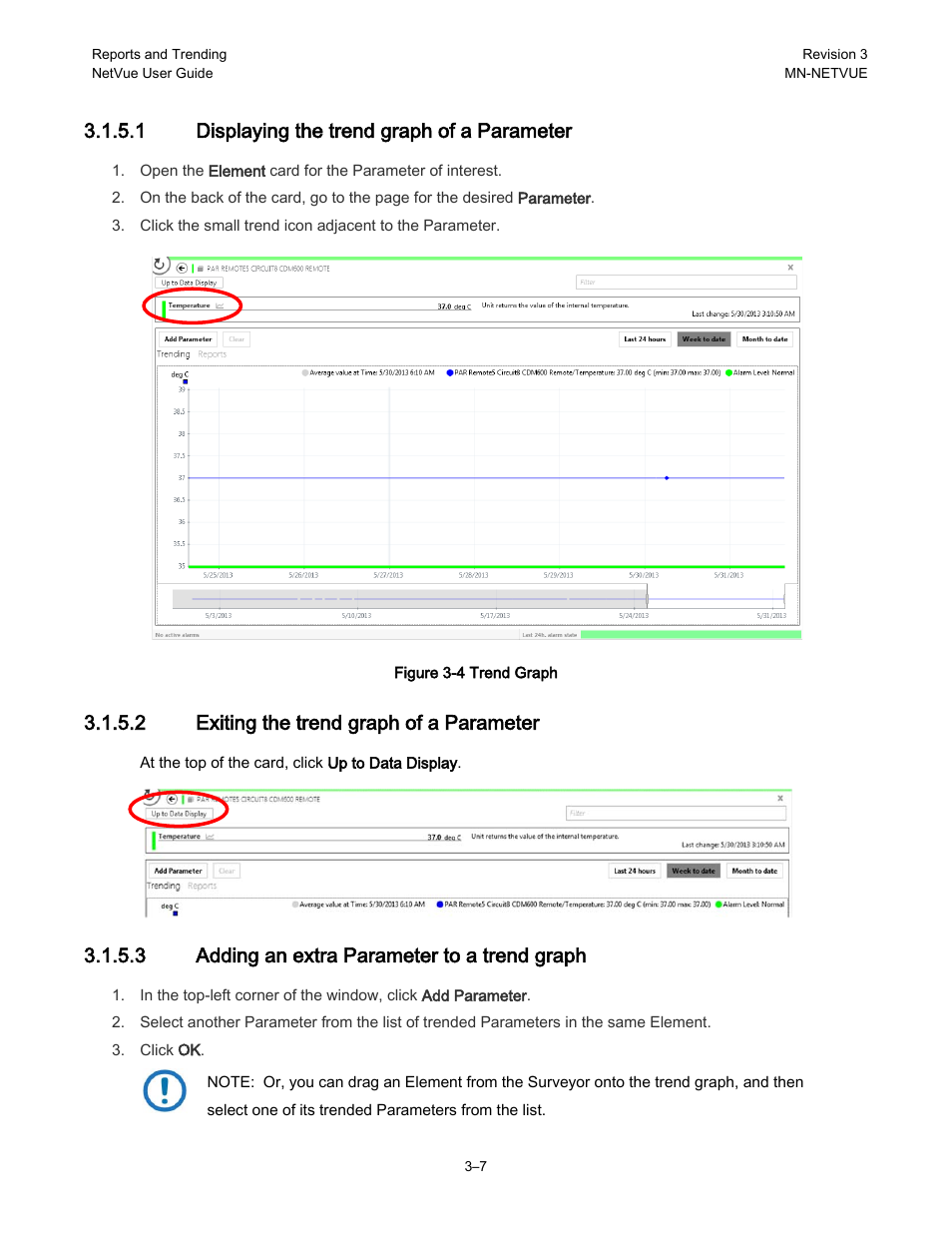 1 displaying the trend graph of a parameter, 2 exiting the trend graph of a parameter, 3 adding an extra parameter to a trend graph | Comtech EF Data NetVue Release 1.1 User Guide User Manual | Page 82 / 265