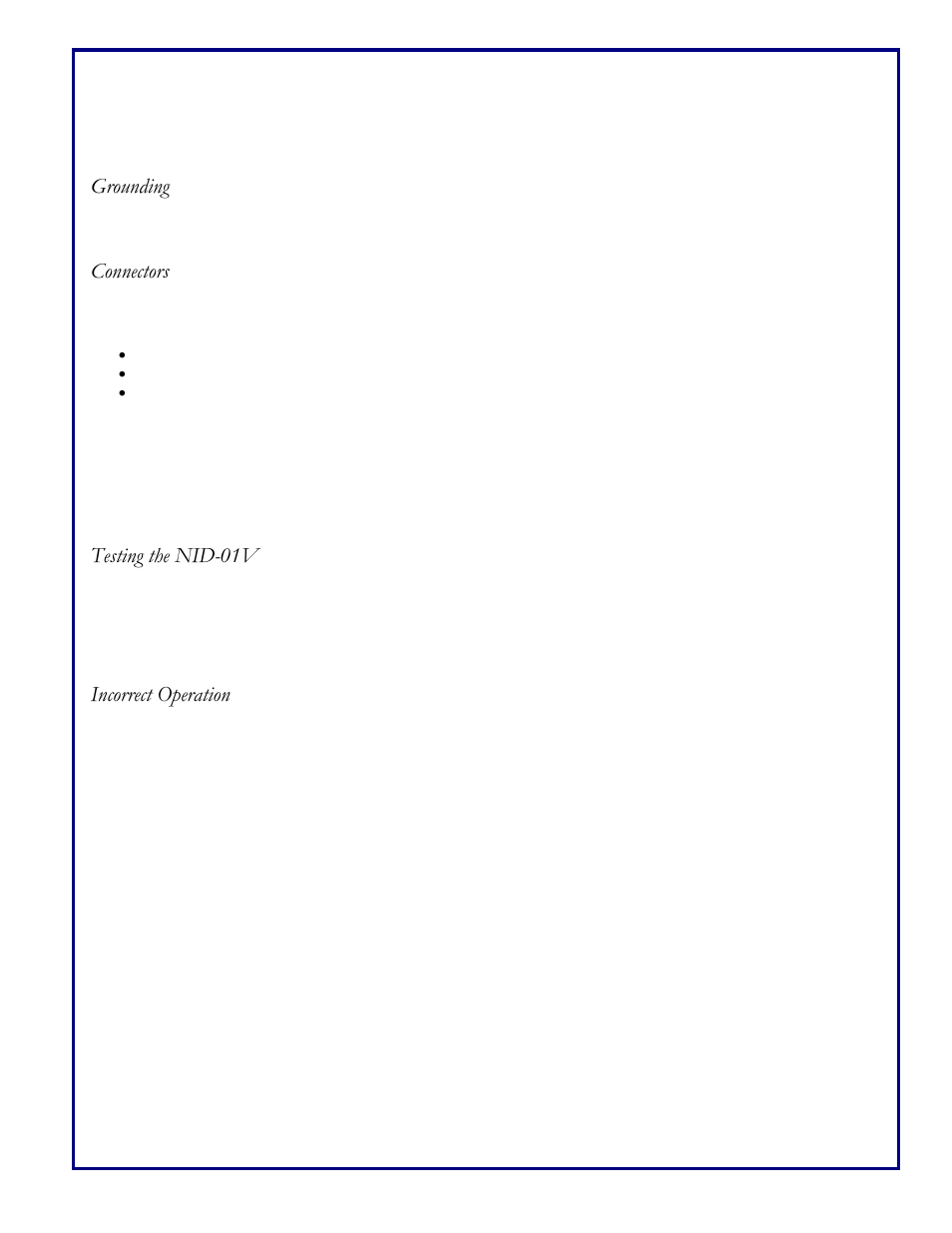 Grounding, Connectors, Testing the nid-01v | Incorrect operation | Comtest Networks NID-01V POTS Splitter User Manual | Page 2 / 2