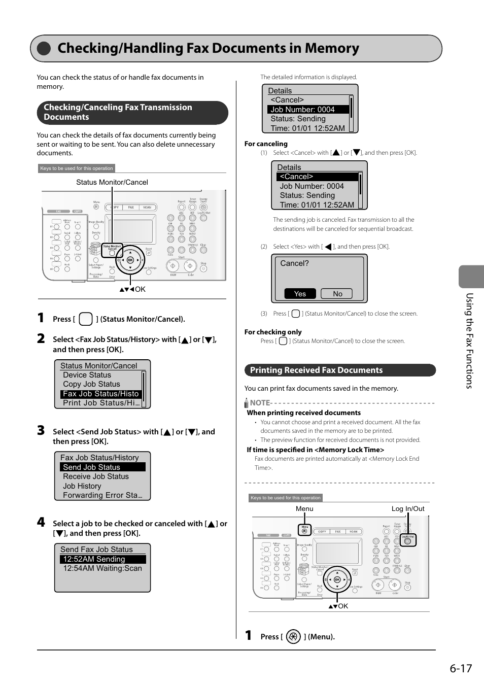 Checking/handling fax documents in memory, Checking/canceling fax transmission documents, Printing received fax documents | Checking/handling fax documents in memory 6-17, Using the f ax f unc tions | Canon ImageCLASS MF8050Cn User Manual | Page 101 / 159
