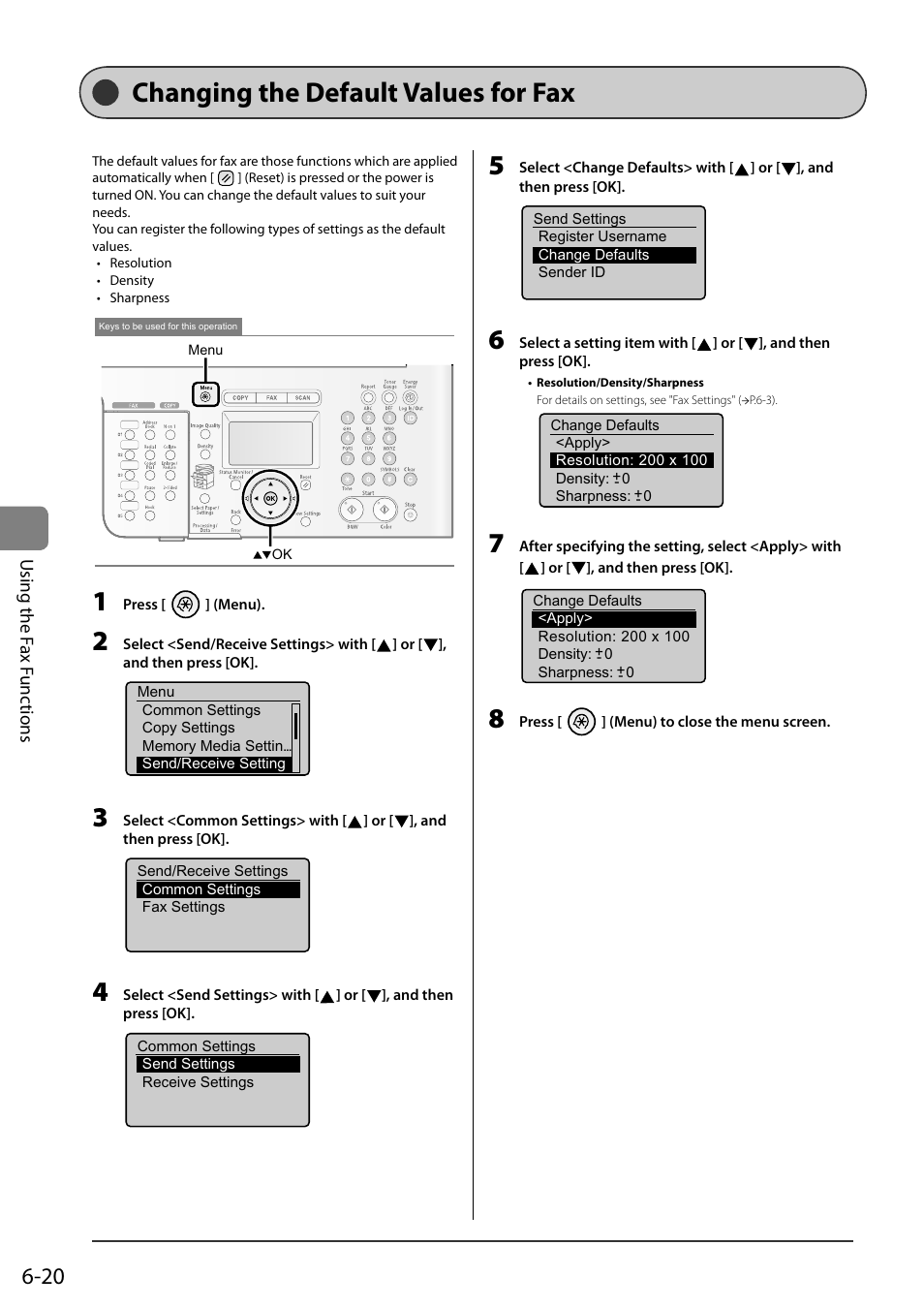 Changing the default values for fax, P.6-20), Chang ing the default values for fax | Canon ImageCLASS MF8050Cn User Manual | Page 104 / 159