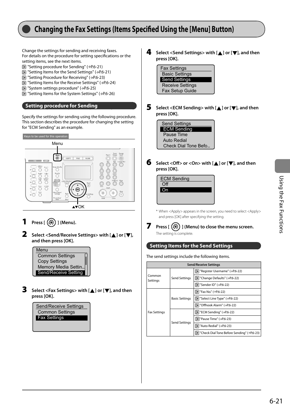 Setting procedure for sending, Setting items for the send settings, Changing the fax settings | Items specifi ed using the [menu] button), Using the f ax f unc tions | Canon ImageCLASS MF8050Cn User Manual | Page 105 / 159