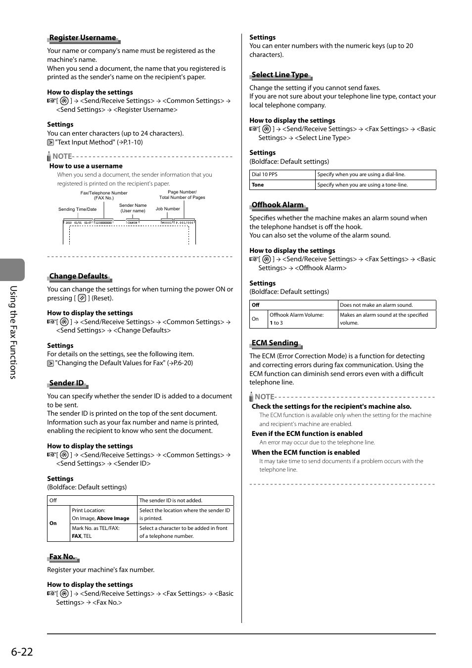 Register username, Change defaults, Sender id | Fax no, Select line type, Offhook alarm, Ecm sending, Off hook alarm, P.6-22), Using the f ax f unc tions | Canon ImageCLASS MF8050Cn User Manual | Page 106 / 159