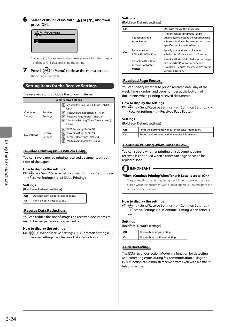 Setting items for the receive settings, Sided printing (mf8350cdn only), Receive data reduction | Continue printing when toner is low, Ecm receiving, P.6-24), Using the f ax f unc tions | Canon ImageCLASS MF8050Cn User Manual | Page 108 / 159