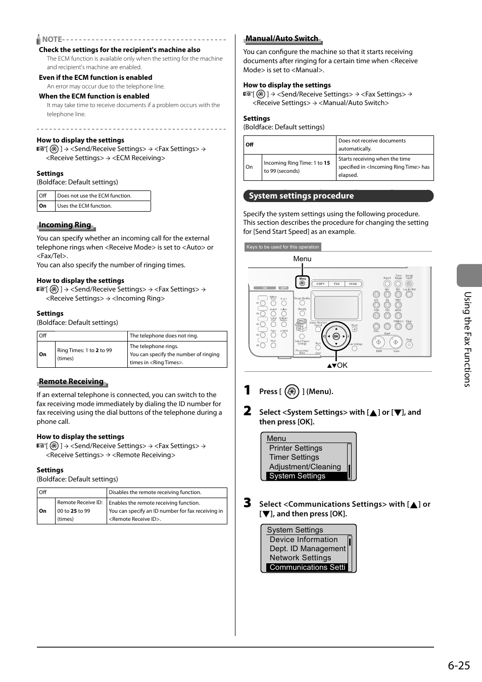 Incoming ring, Remote receiving, Manual/auto switch | System settings procedure, P.6-25), Using the f ax f unc tions | Canon ImageCLASS MF8050Cn User Manual | Page 109 / 159