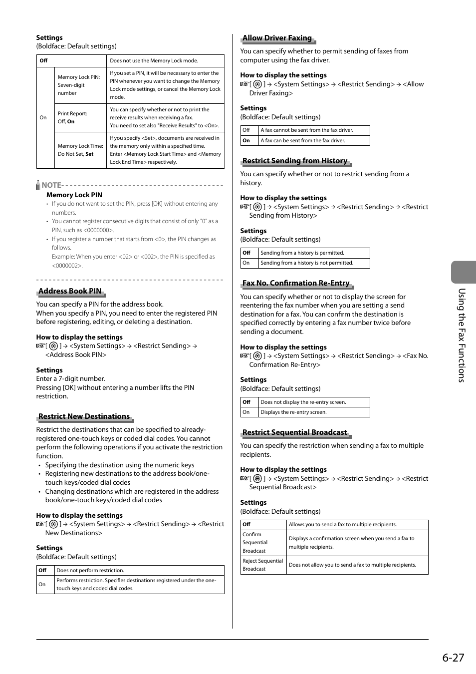 Address book pin, Restrict new destinations, Allow driver faxing | Restrict sending from history, Fax no. confirmation re-entry, Restrict sequential broadcast, Fax no. confi rmation re-entry, P.6-27), Restrict new, Destinations | Canon ImageCLASS MF8050Cn User Manual | Page 111 / 159