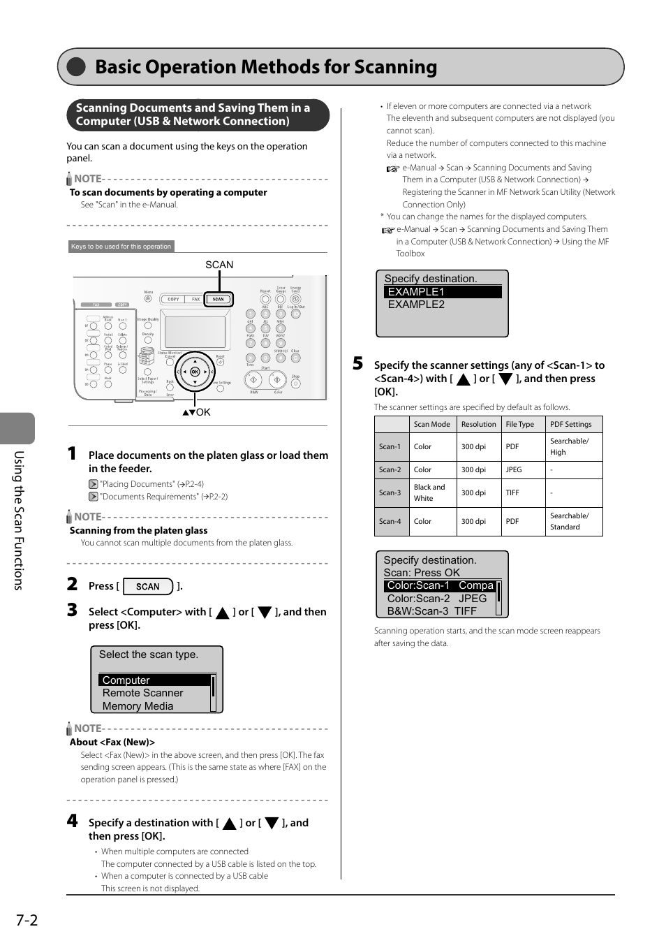 Basic operation methods for scanning, Scanning documents and saving them in a computer, Usb & network connection) | Network connection), Using the scan f unc tions | Canon ImageCLASS MF8050Cn User Manual | Page 114 / 159