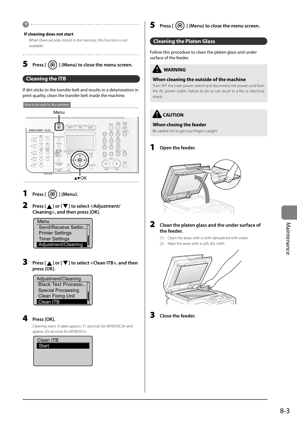 Cleaning the itb, Cleaning the platen glass | Canon ImageCLASS MF8050Cn User Manual | Page 119 / 159