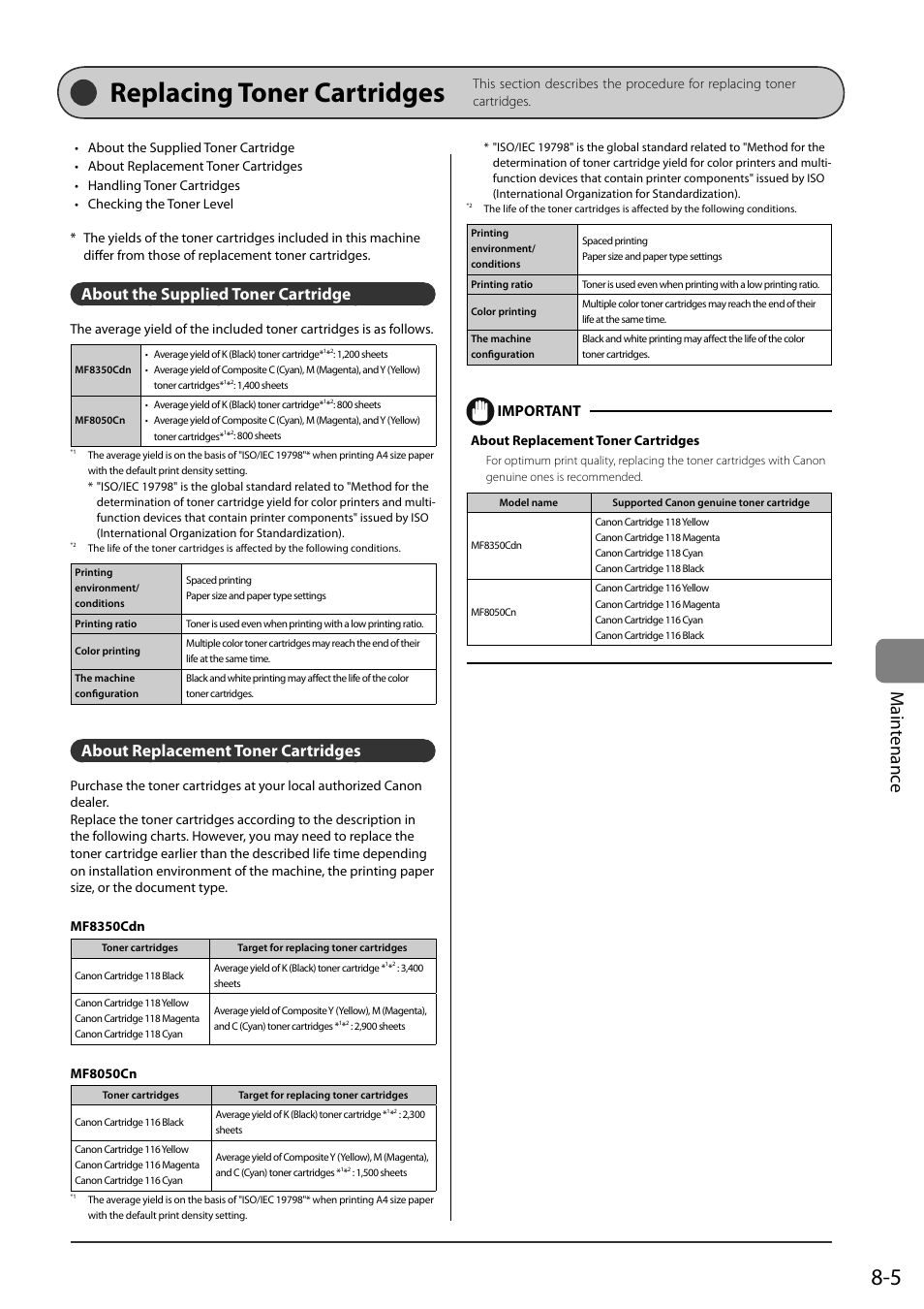Replacing toner cartridges, About the supplied toner cartridge, About replacement toner cartridges | Ma int e nanc e, Important | Canon ImageCLASS MF8050Cn User Manual | Page 121 / 159