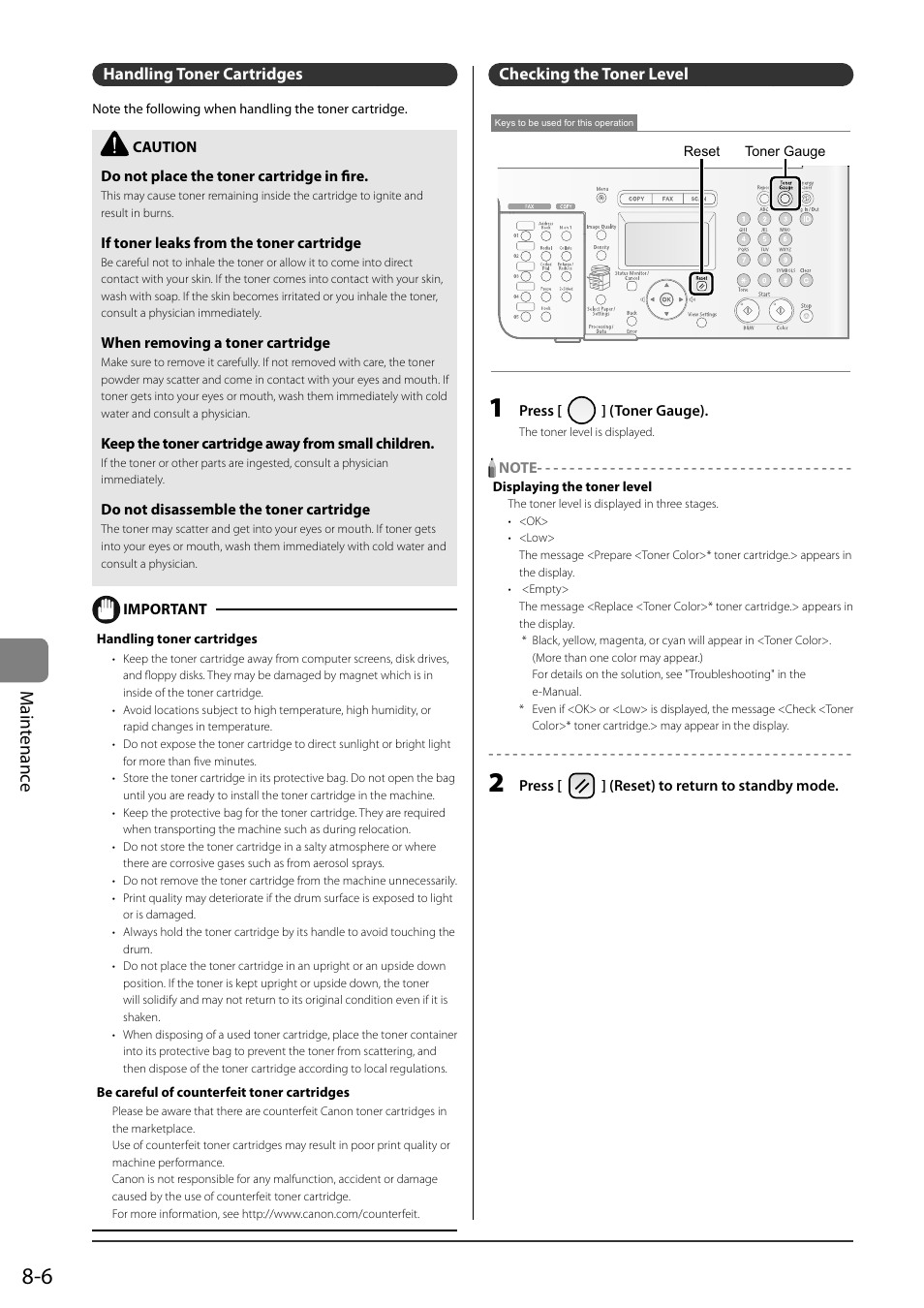 Handling toner cartridges, Checking the toner level, Ma int e nanc e | Canon ImageCLASS MF8050Cn User Manual | Page 122 / 159