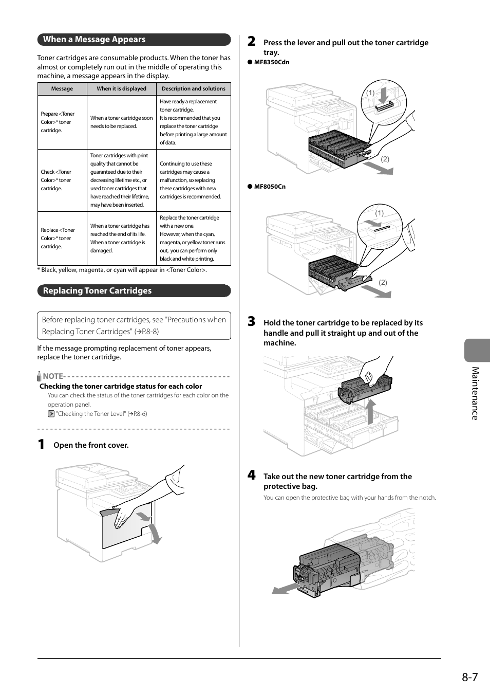 When a message appears, Replacing toner cartridges, Ma int e nanc e | Canon ImageCLASS MF8050Cn User Manual | Page 123 / 159