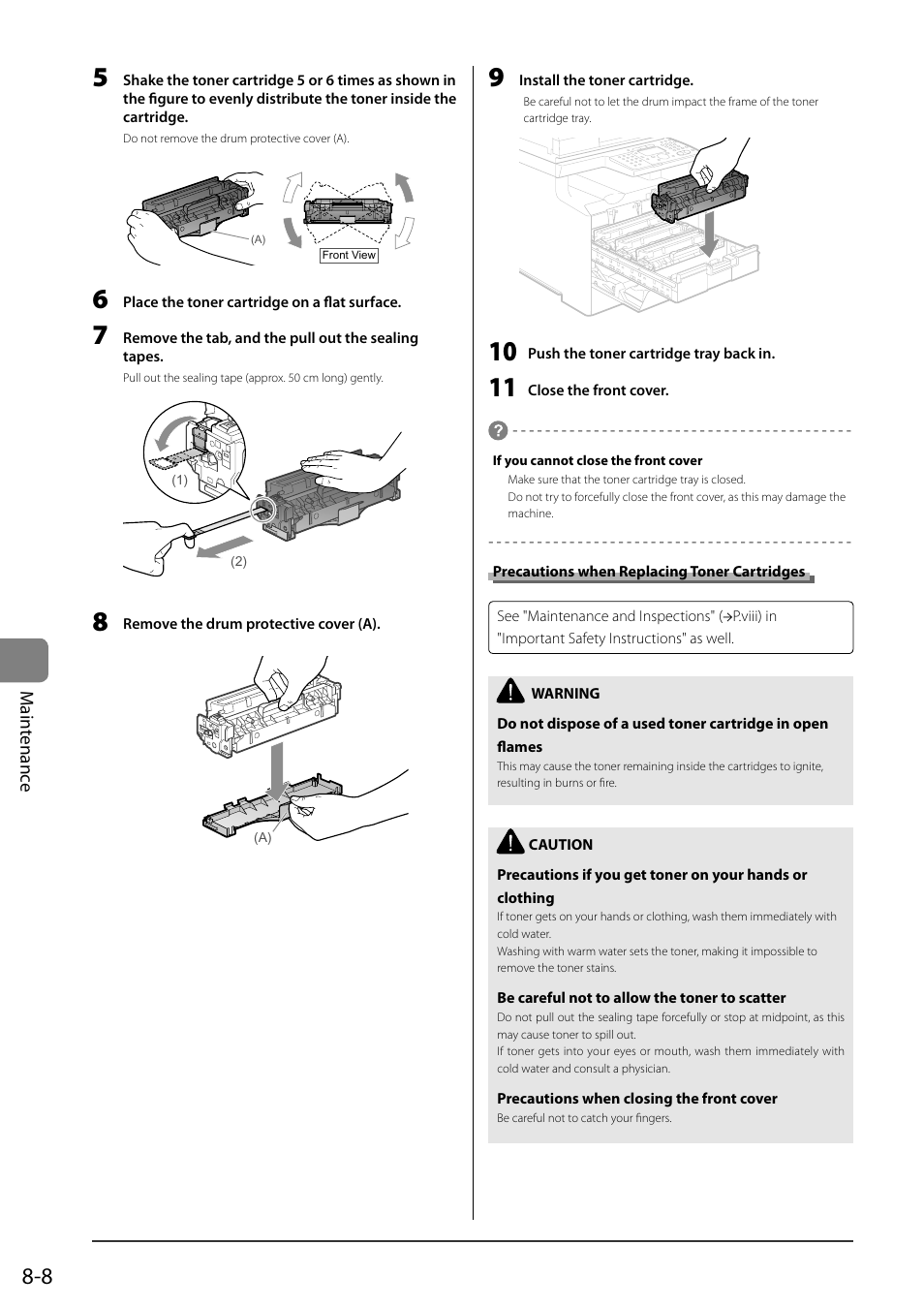 Precautions when replacing toner cartridges, See "precautions when replacing toner cartridges, P.8-8) | Ma int e nanc e | Canon ImageCLASS MF8050Cn User Manual | Page 124 / 159