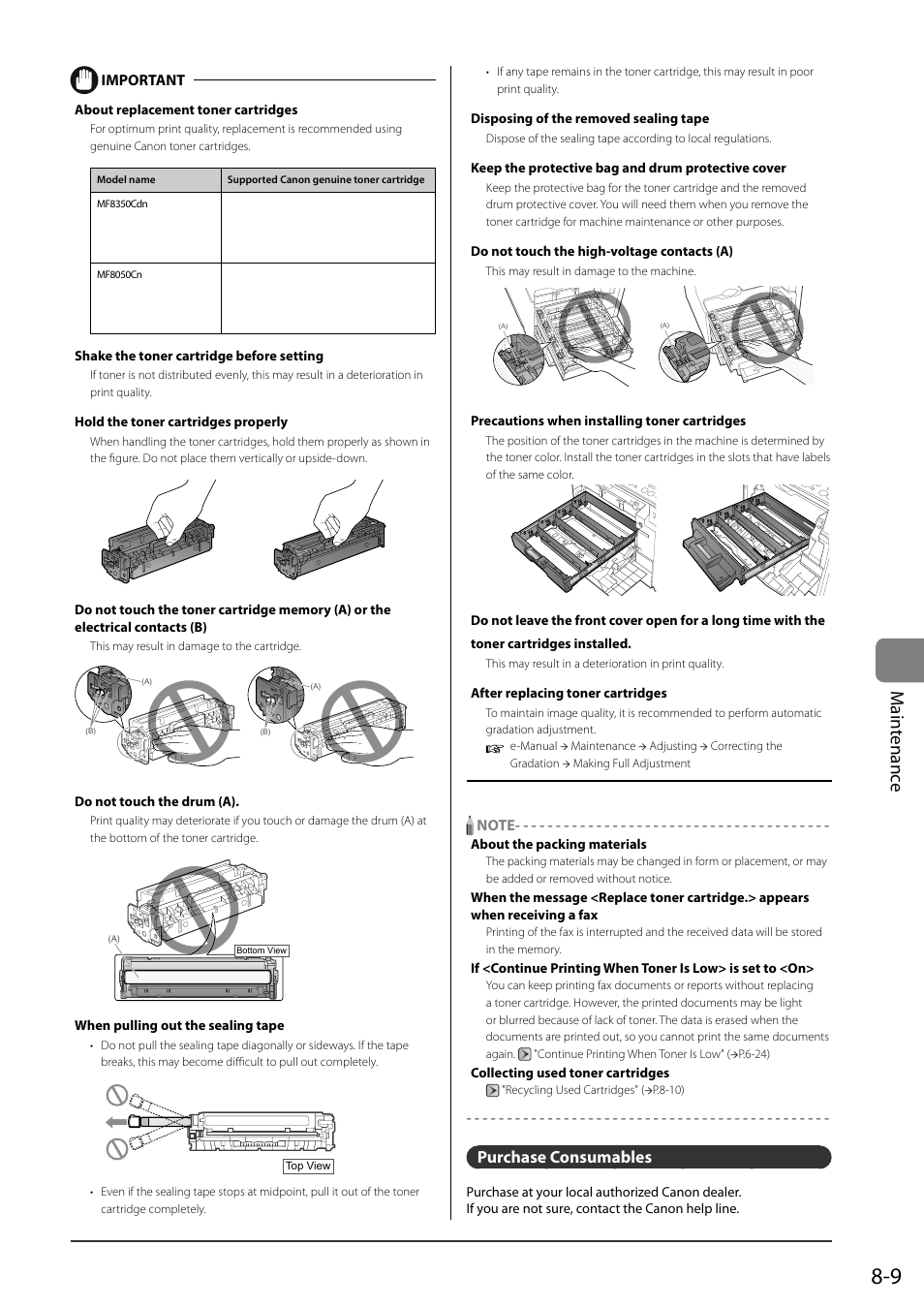 Purchase consumables, Ma int e nanc e | Canon ImageCLASS MF8050Cn User Manual | Page 125 / 159