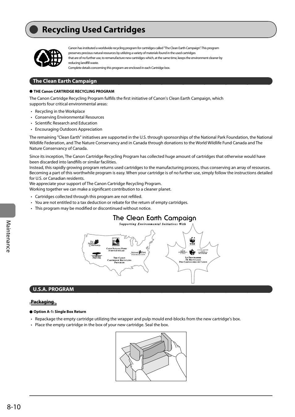 Recycling used cartridges, The clean earth campaign, U.s.a. program | Packaging, Packaging 8-10, P.8-10) | Canon ImageCLASS MF8050Cn User Manual | Page 126 / 159