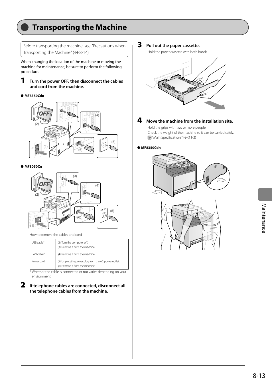 Transporting the machine, Transport ing the machine, Ma int e nanc e | Canon ImageCLASS MF8050Cn User Manual | Page 129 / 159