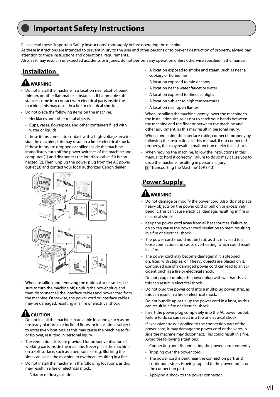 Important safety instructions, Installation, Power supply | Canon ImageCLASS MF8050Cn User Manual | Page 13 / 159