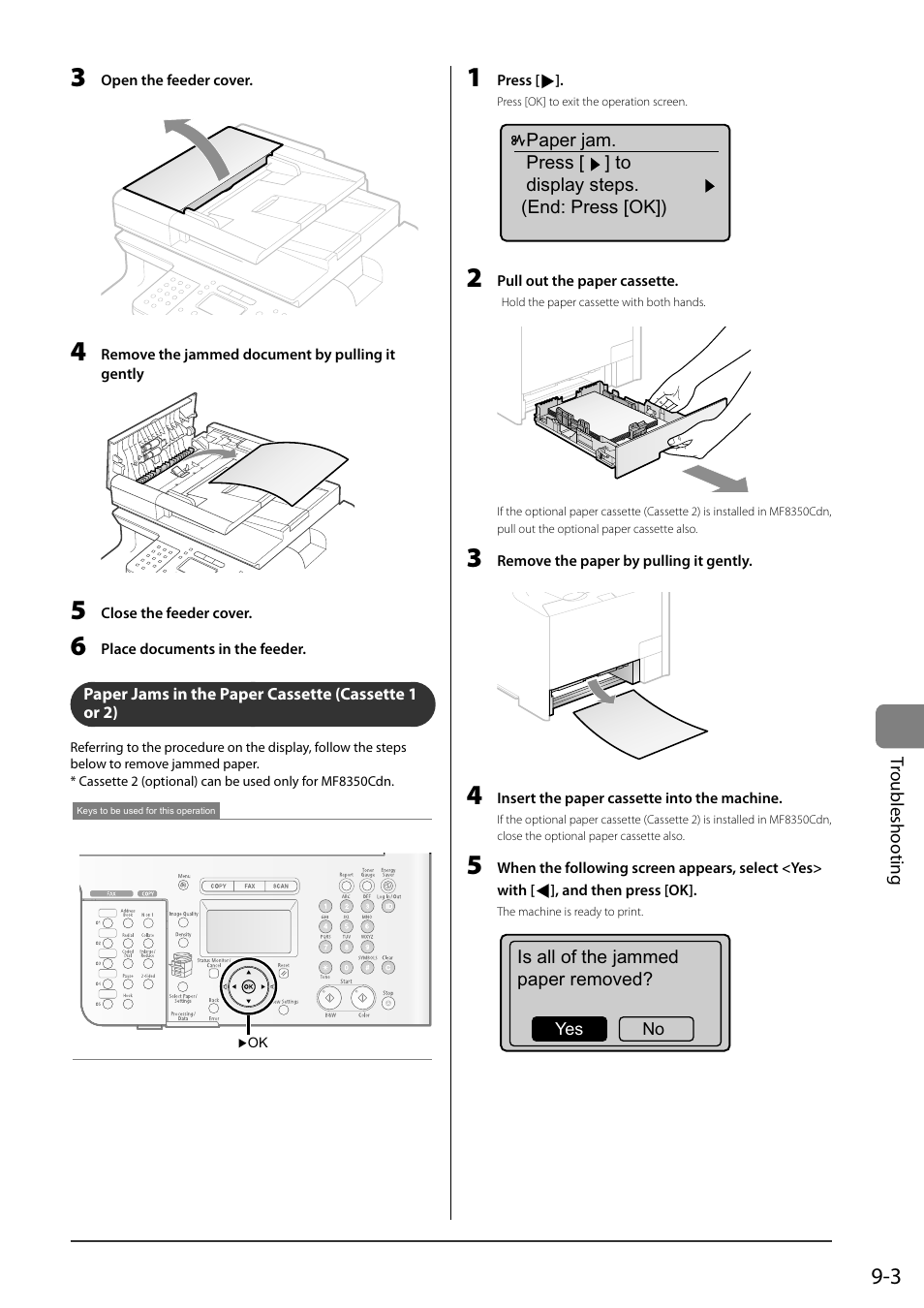 Paper jams in the paper cassette (cassette 1 or 2), P.9-3) | Canon ImageCLASS MF8050Cn User Manual | Page 133 / 159