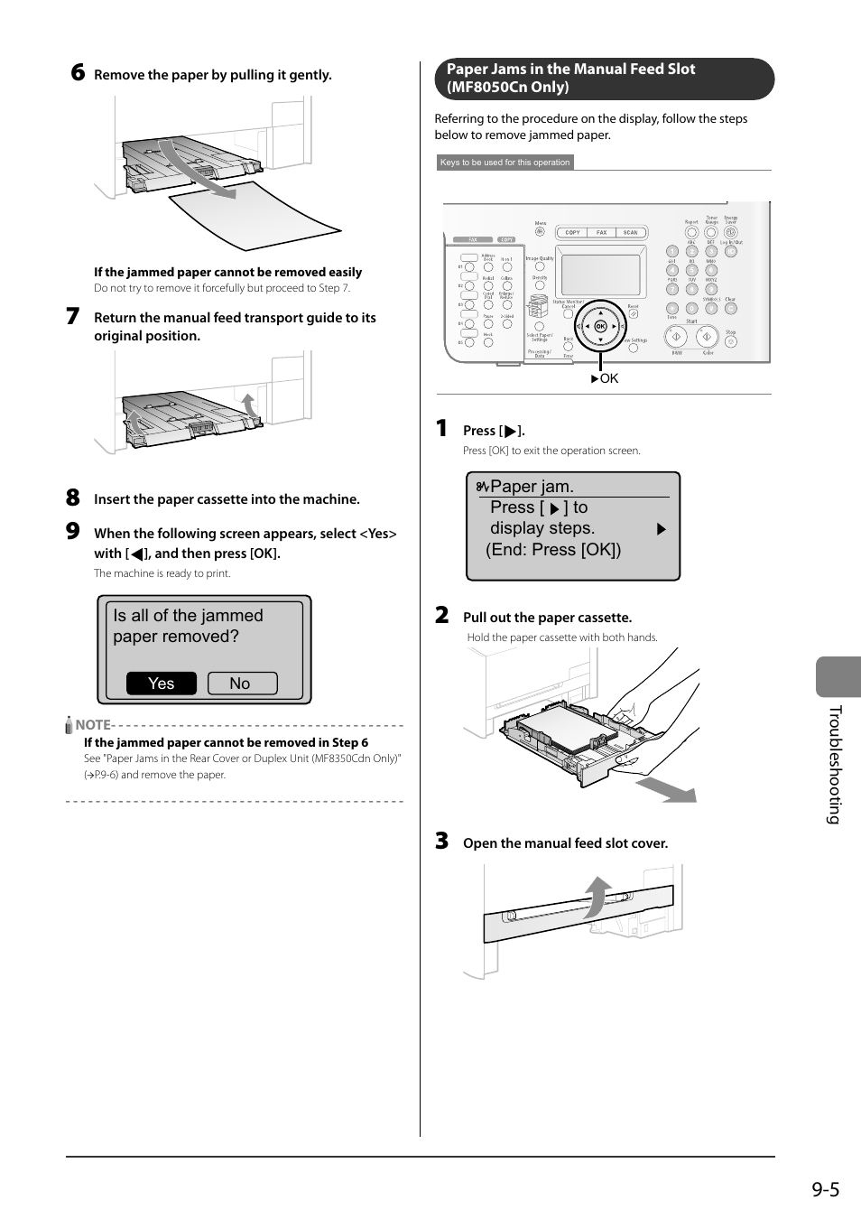 Paper jams in the manual feed slot (mf8050cn only), P.9-5) | Canon ImageCLASS MF8050Cn User Manual | Page 135 / 159
