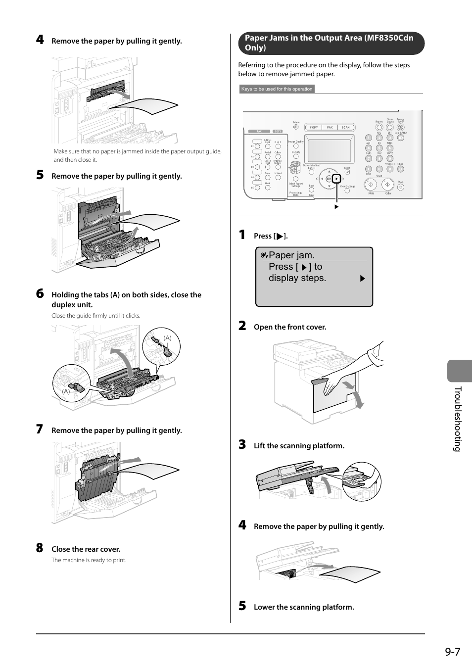 Paper jams in the output area (mf8350cdn only), P.9-7) | Canon ImageCLASS MF8050Cn User Manual | Page 137 / 159
