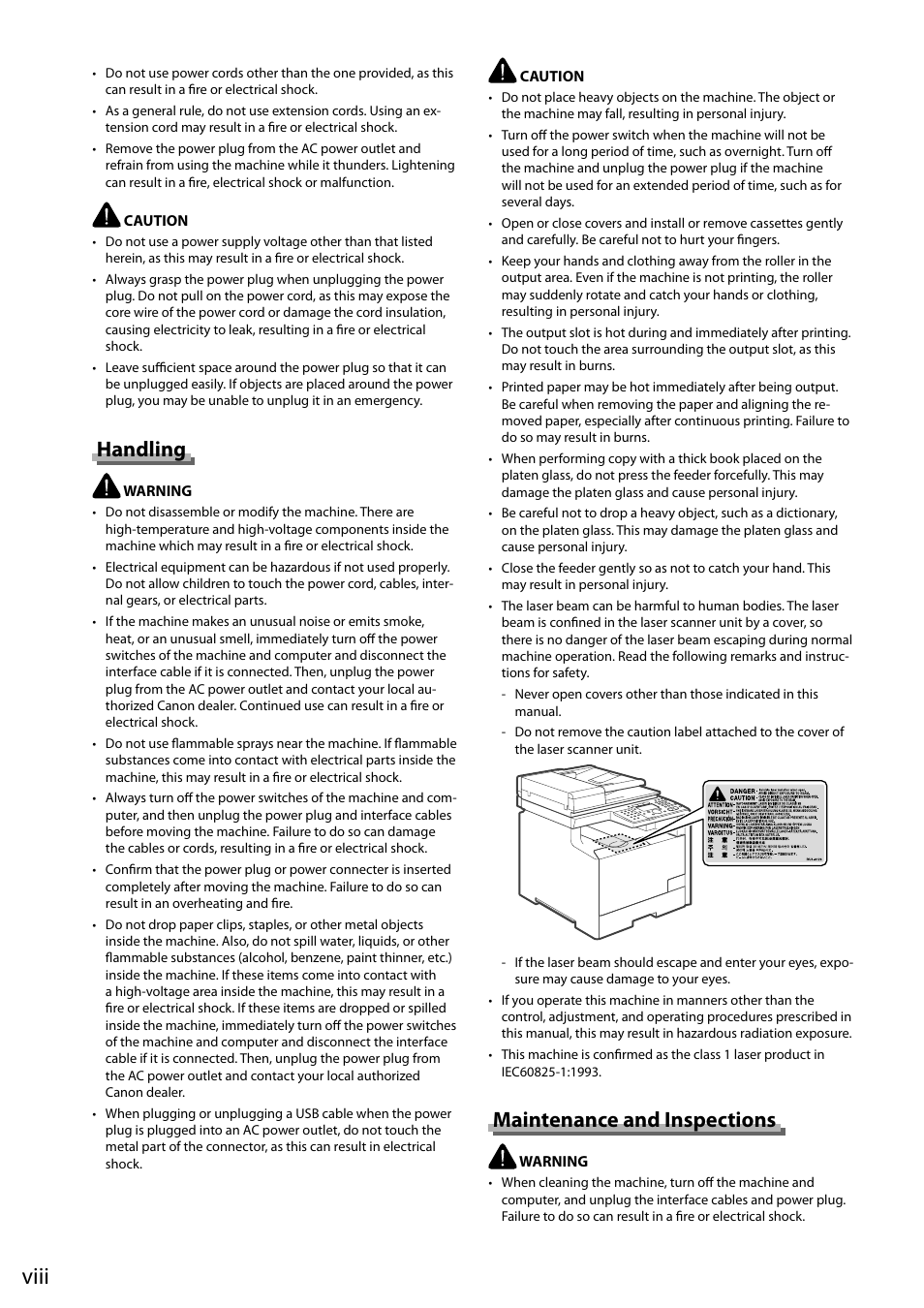 Viii, Handling, Main tenance and inspections | Canon ImageCLASS MF8050Cn User Manual | Page 14 / 159