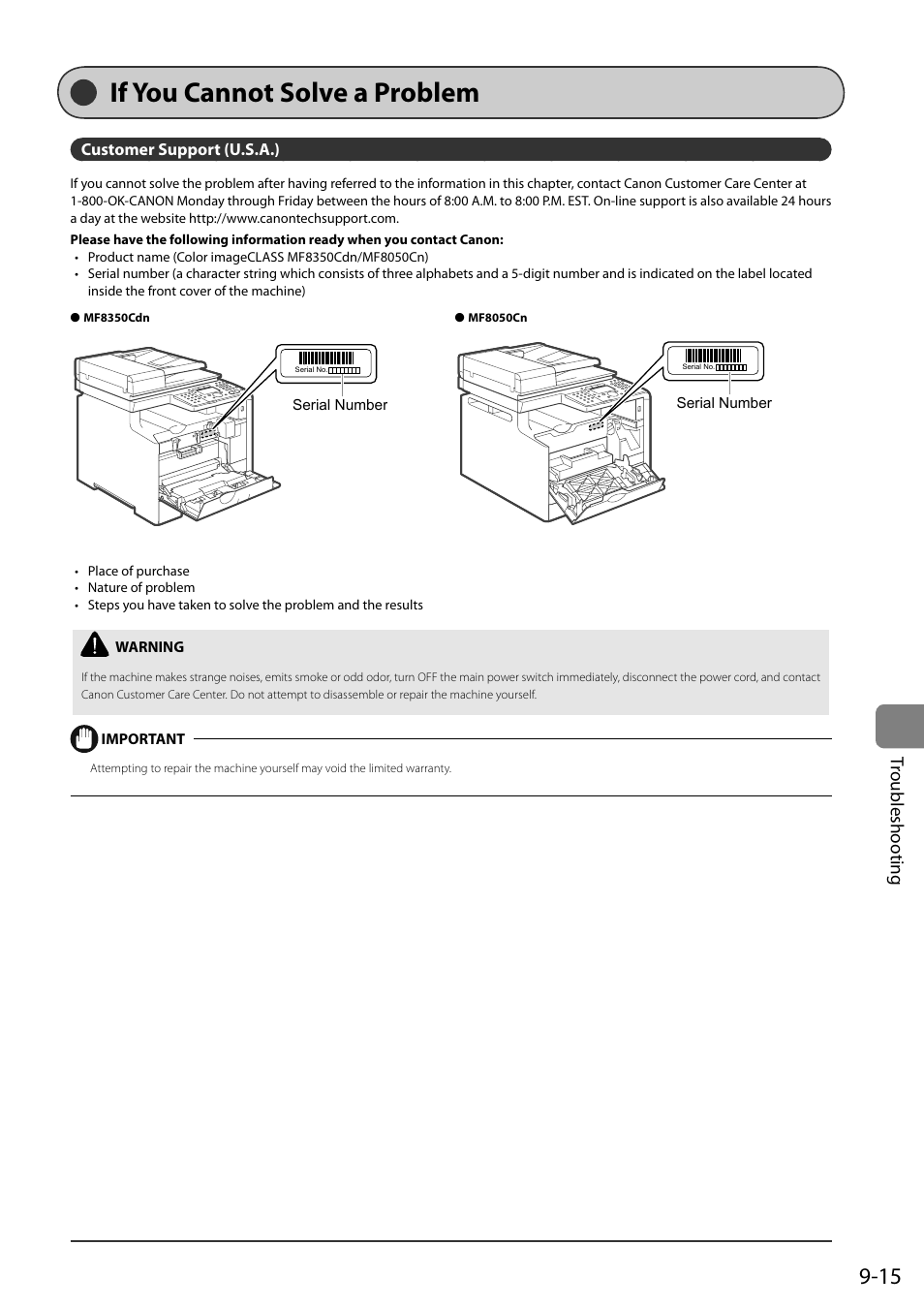 If you cannot solve a problem, Customer support (u.s.a.), If you ca nnot solve a problem | Tr oubleshooting | Canon ImageCLASS MF8050Cn User Manual | Page 145 / 159