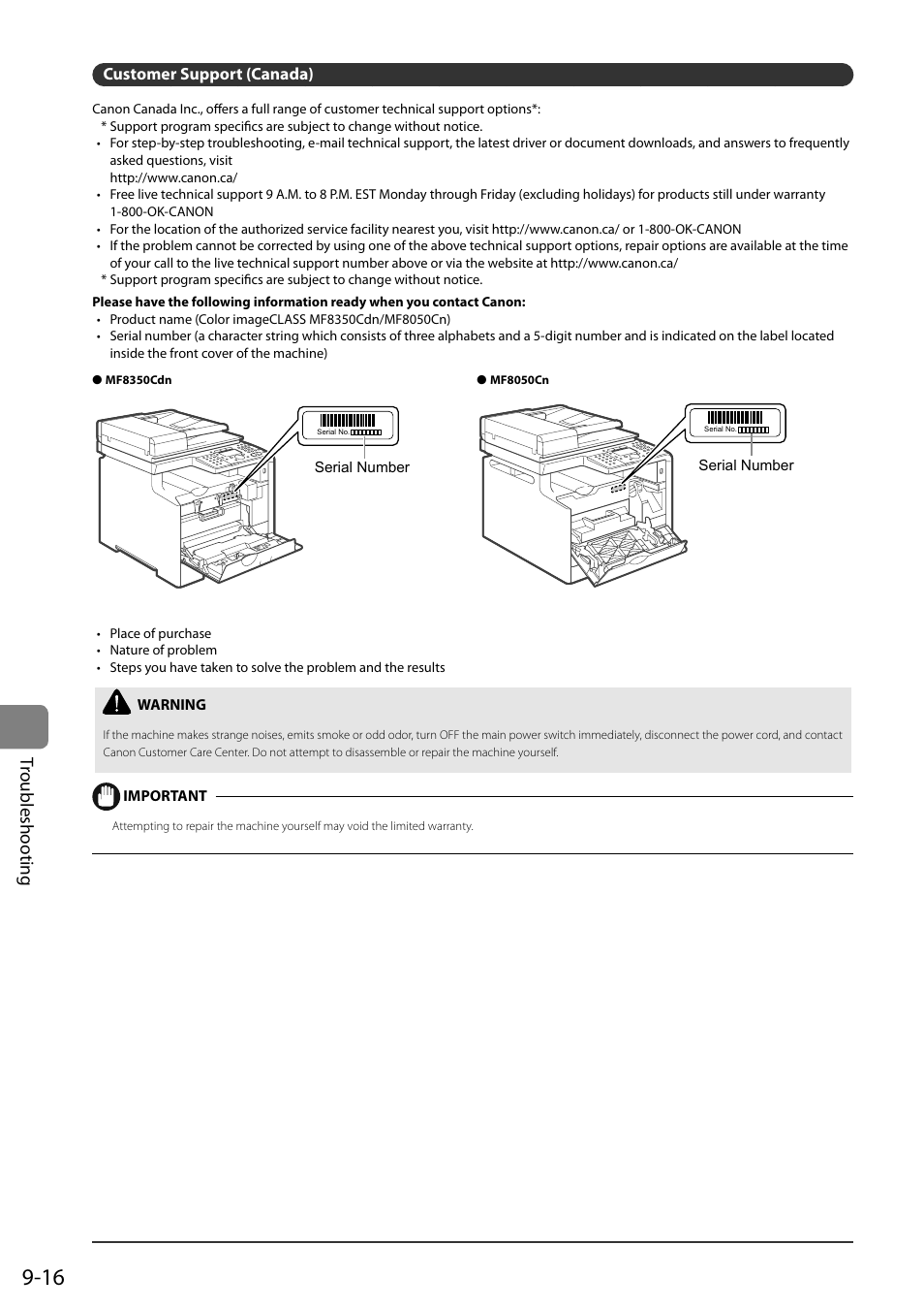 Customer support (canada), Tr oubleshooting | Canon ImageCLASS MF8050Cn User Manual | Page 146 / 159