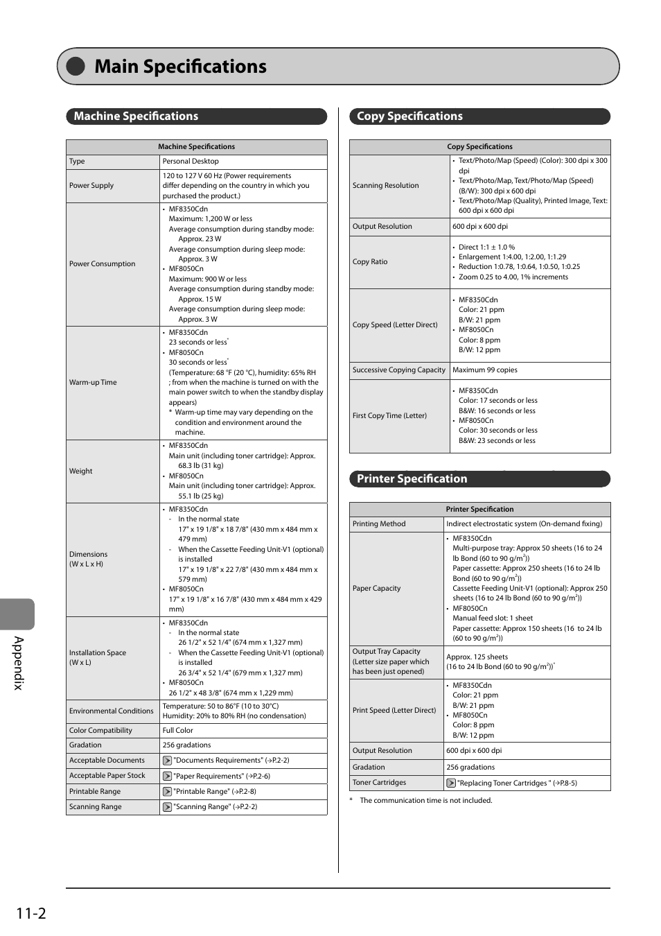 Main specifications, Machine specifications, Copy specifications | Printer specification, Main specifi cations, Machine specifi cations, Copy specifi cations, Printer specifi cation, P.11-2), Appendix | Canon ImageCLASS MF8050Cn User Manual | Page 154 / 159