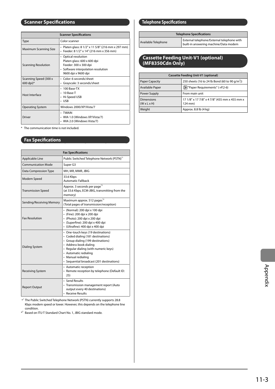 Scanner specifications, Fax specifications, Telephone specifications | Scanner specifi cations, Fax specifi cations, Telephone specifi cations, Appendix | Canon ImageCLASS MF8050Cn User Manual | Page 155 / 159