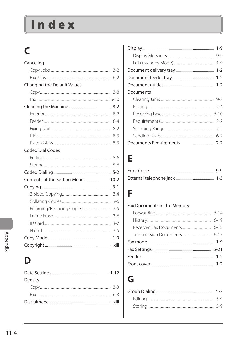 Index, Index 11-4 | Canon ImageCLASS MF8050Cn User Manual | Page 156 / 159