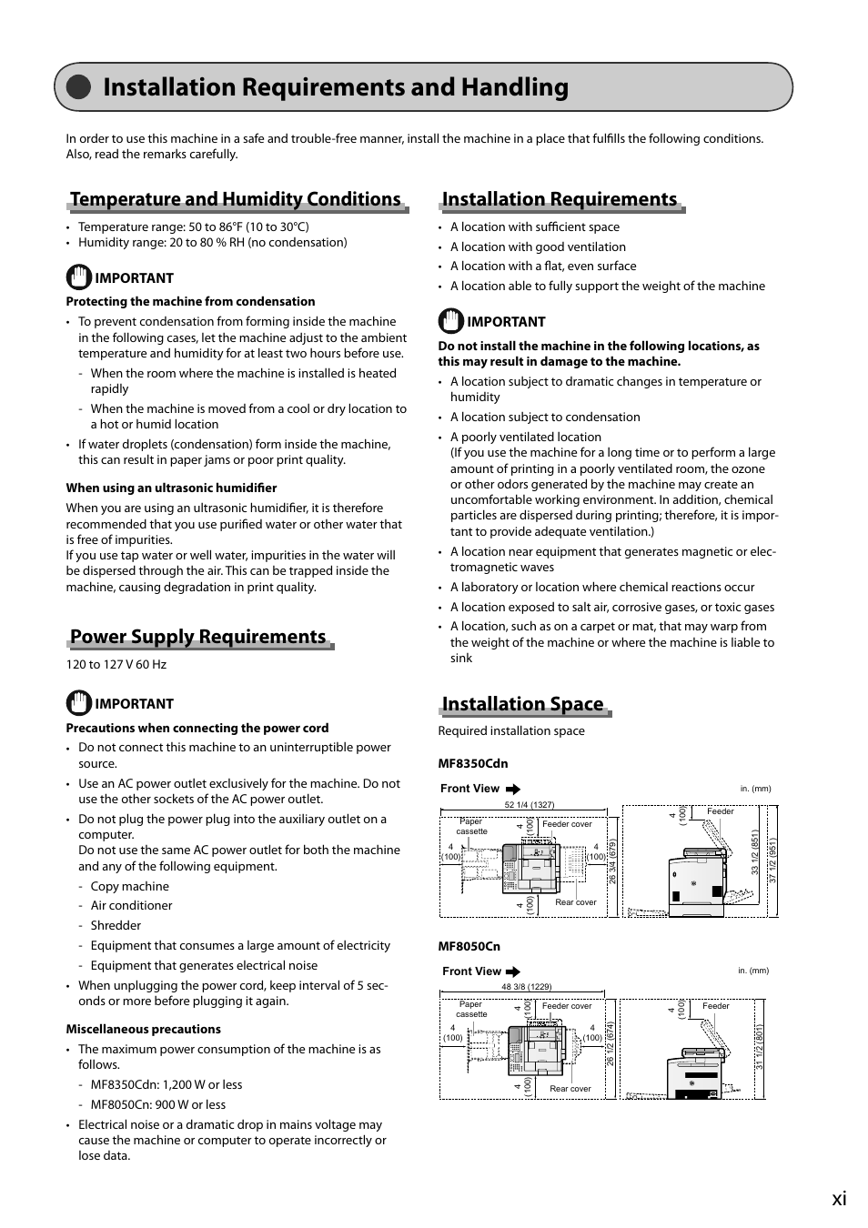 Installation requirements and handling, Temperature and humidity conditions, Power supply requirements | Installation requirements, Installation space | Canon ImageCLASS MF8050Cn User Manual | Page 17 / 159