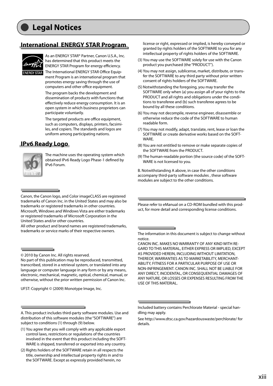 Legal notices, Xiii, International energy star program | Ipv6 ready logo | Canon ImageCLASS MF8050Cn User Manual | Page 19 / 159