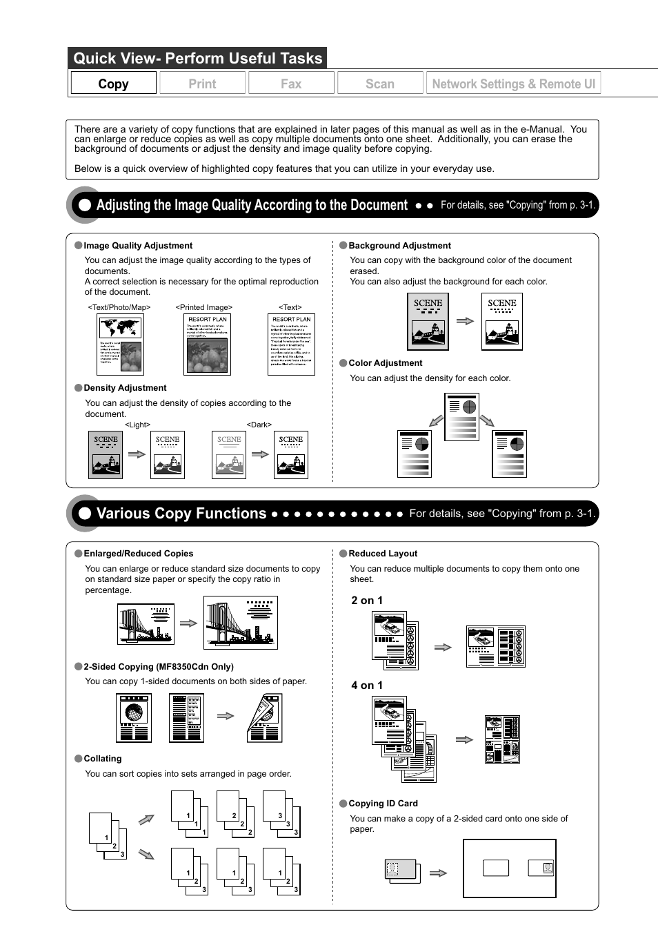 Various copy functions, Quick view- perform useful tasks, Copy | Print fax scan, Network settings & remote ui | Canon ImageCLASS MF8050Cn User Manual | Page 2 / 159