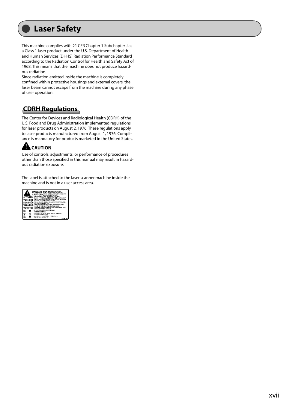 Laser safety, Xvii, Cdrh regulations | Canon ImageCLASS MF8050Cn User Manual | Page 23 / 159