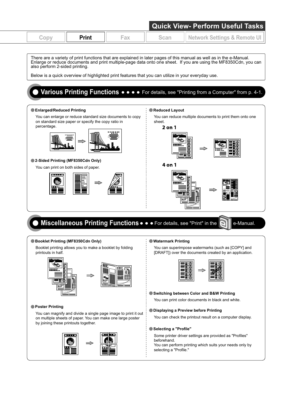 Quick view- perform useful tasks, Various printing functions, Miscellaneous printing functions | Copy print fax scan network settings & remote ui | Canon ImageCLASS MF8050Cn User Manual | Page 3 / 159