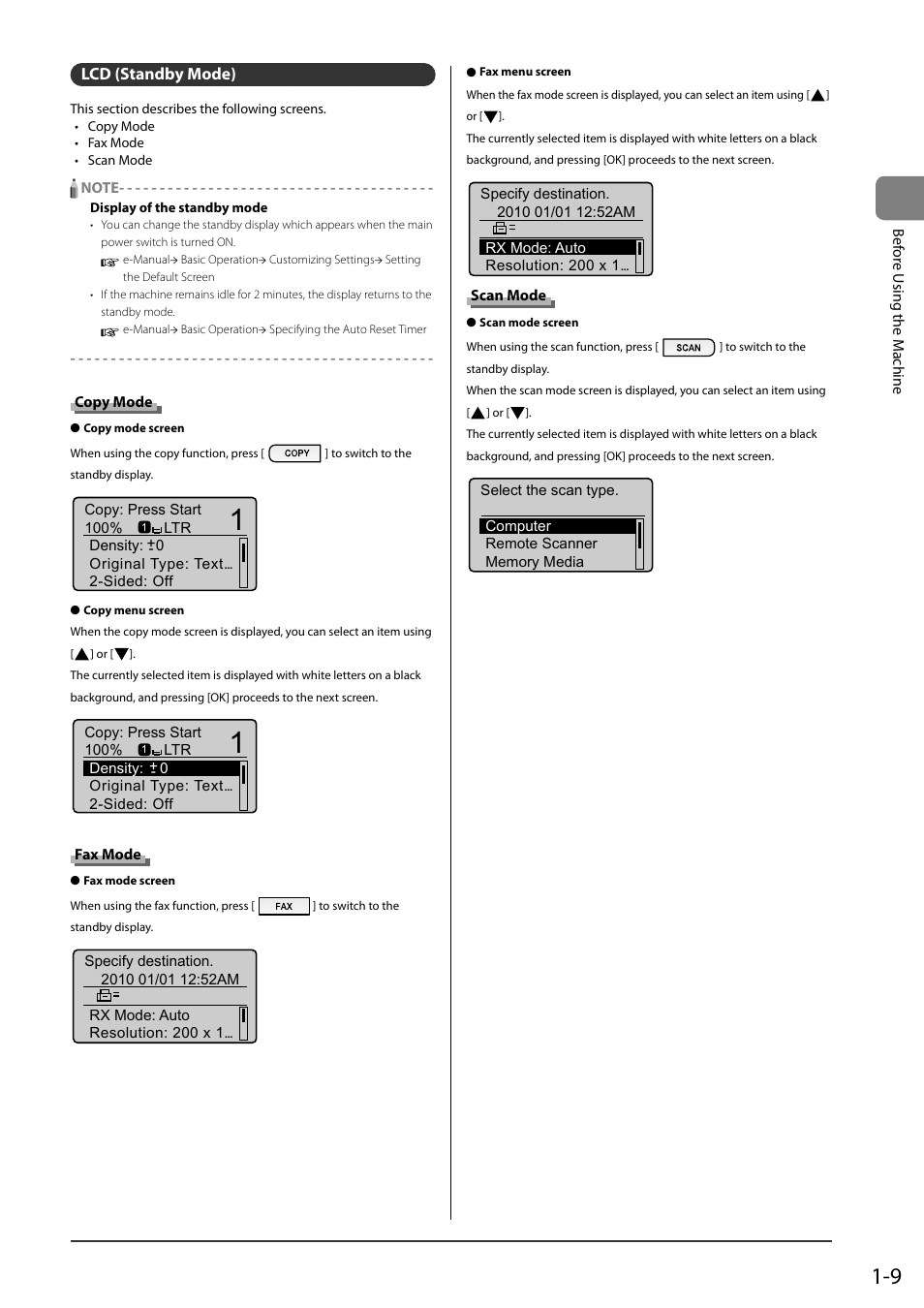 Lcd (standby mode), Copy mode, Fax mode | Scan mode | Canon ImageCLASS MF8050Cn User Manual | Page 33 / 159