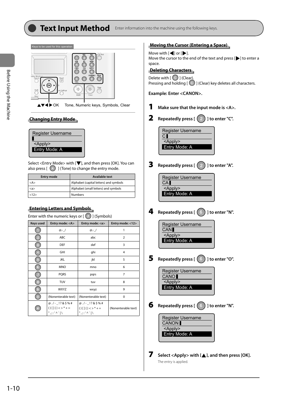 Text input method, Changing entry mode, Entering letters and symbols | Moving the cursor (entering a space), Deleting characters, Tex t input method | Canon ImageCLASS MF8050Cn User Manual | Page 34 / 159