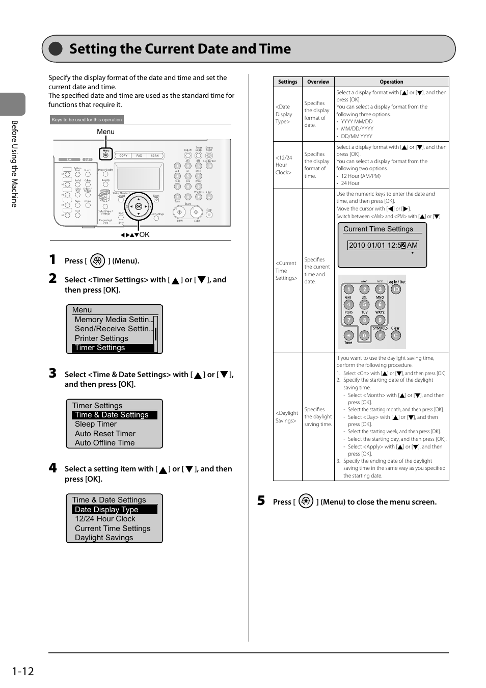 Setting the current date and time | Canon ImageCLASS MF8050Cn User Manual | Page 36 / 159