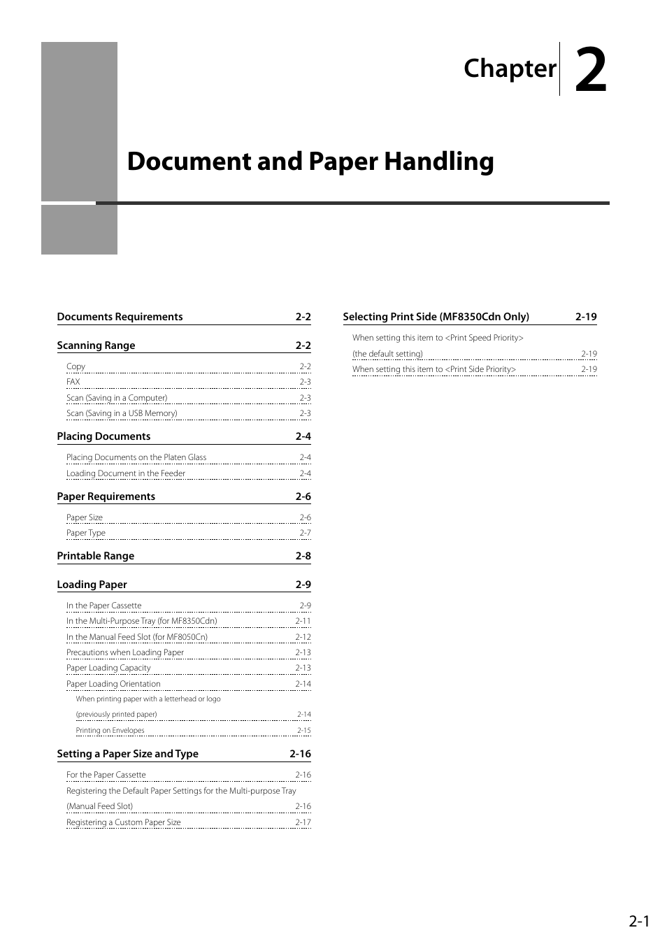 Document and paper handling, Document and paper handling 2-1, Chapter | Canon ImageCLASS MF8050Cn User Manual | Page 37 / 159