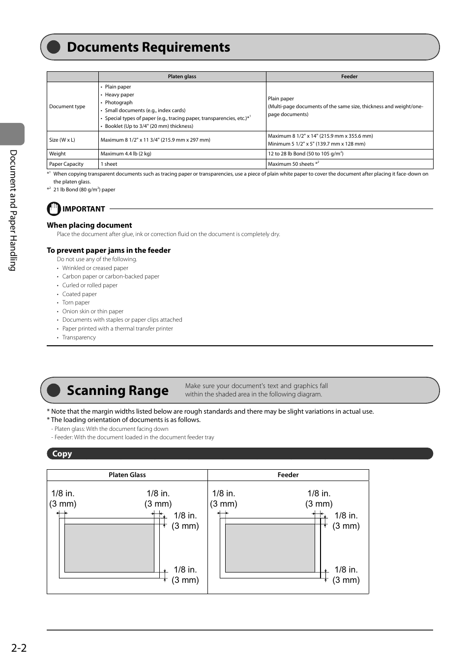 Documents requirements, Scanning range, Copy | Copy 2-2, Docum ents requirements sc anning r ange, Do cument and p aper handling | Canon ImageCLASS MF8050Cn User Manual | Page 38 / 159